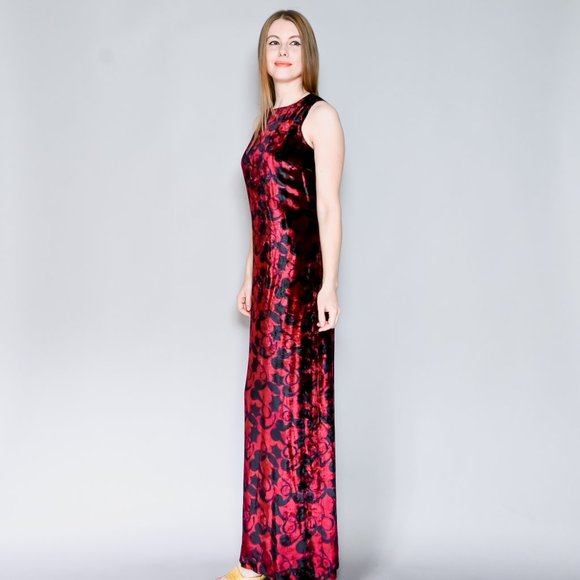 VERSUS VERSACE Vintage  90s Floral Velvet Maxi Dress Sz 42 - Picture 5 of 6